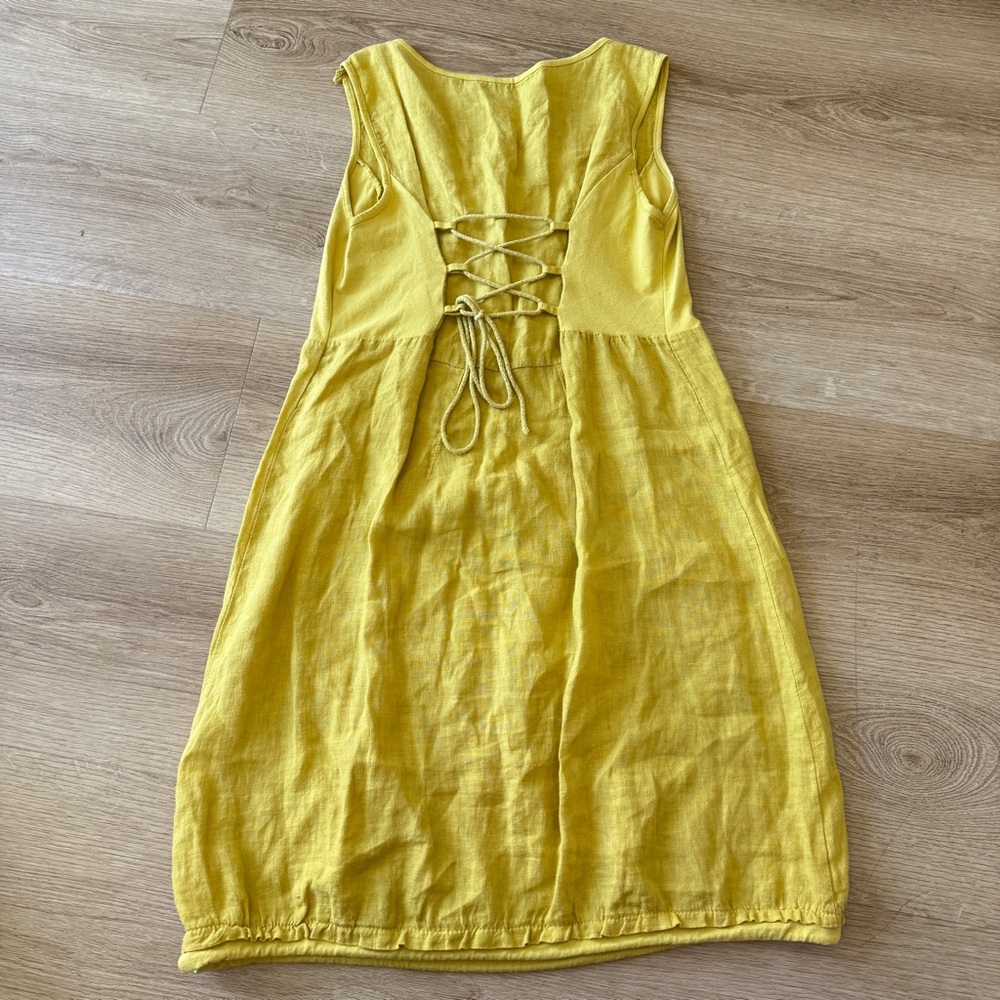 100% Linen Made In Italy Lagenlook Yellow Sundress With Corset Back Detail - Picture 3 of 7